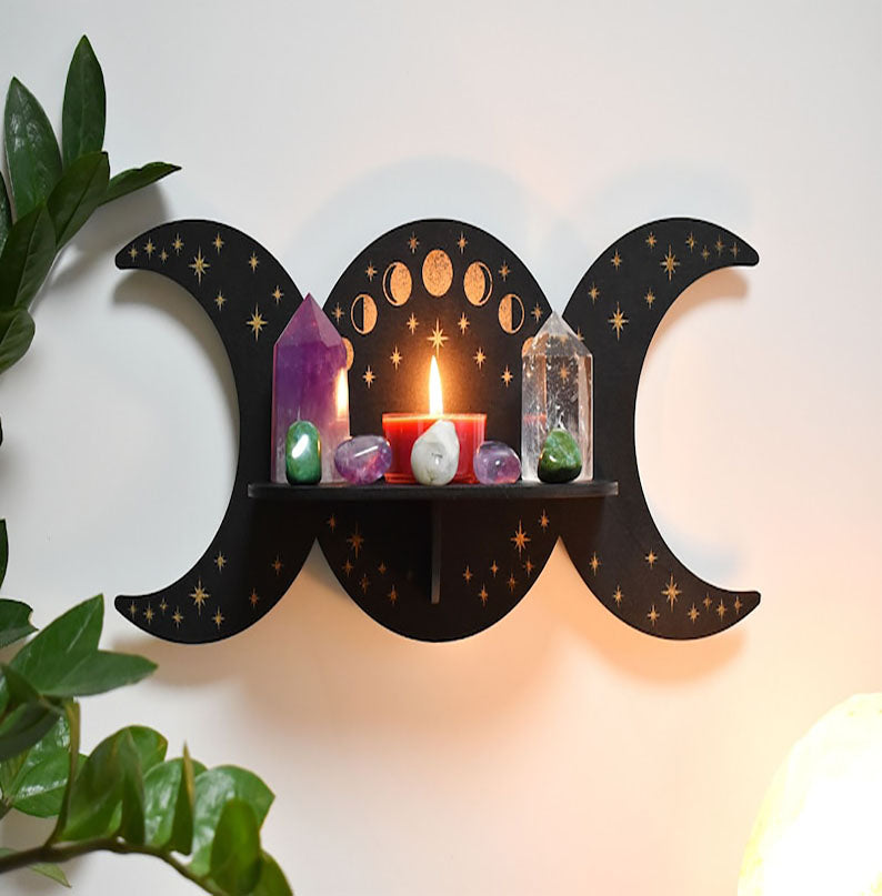 Triple Moon Phase Crystal Display Altar Shelf