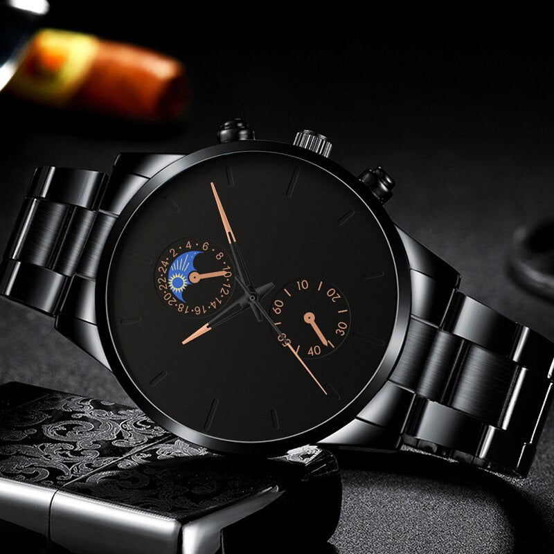 Luxury Classic Black Stainless Steel Analog Quartz Wrist Watch