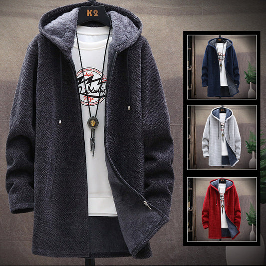 2024 Men Casual Sweaters Jacket Slim Long Thick Warm Hooded Sweater Coat