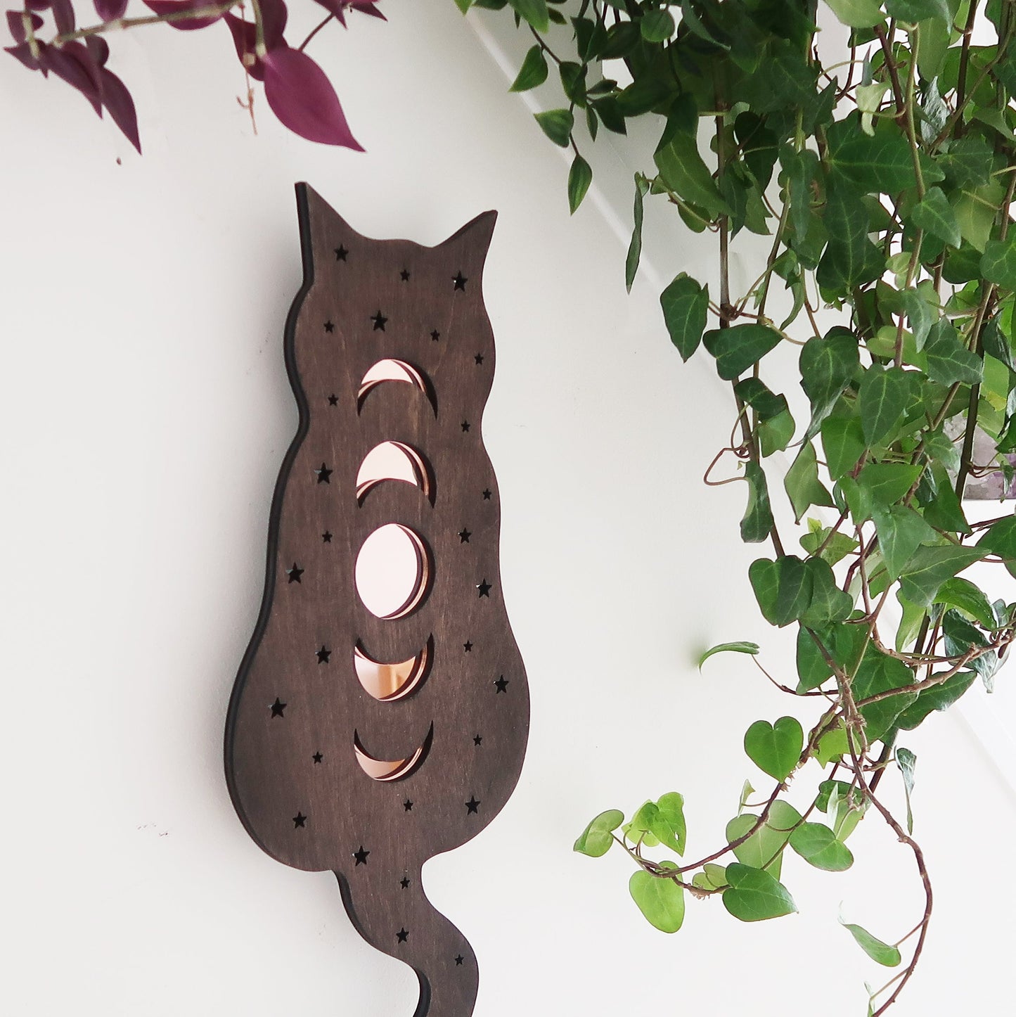 Cosmic Kitty Mirror Wooden Wall Lamp