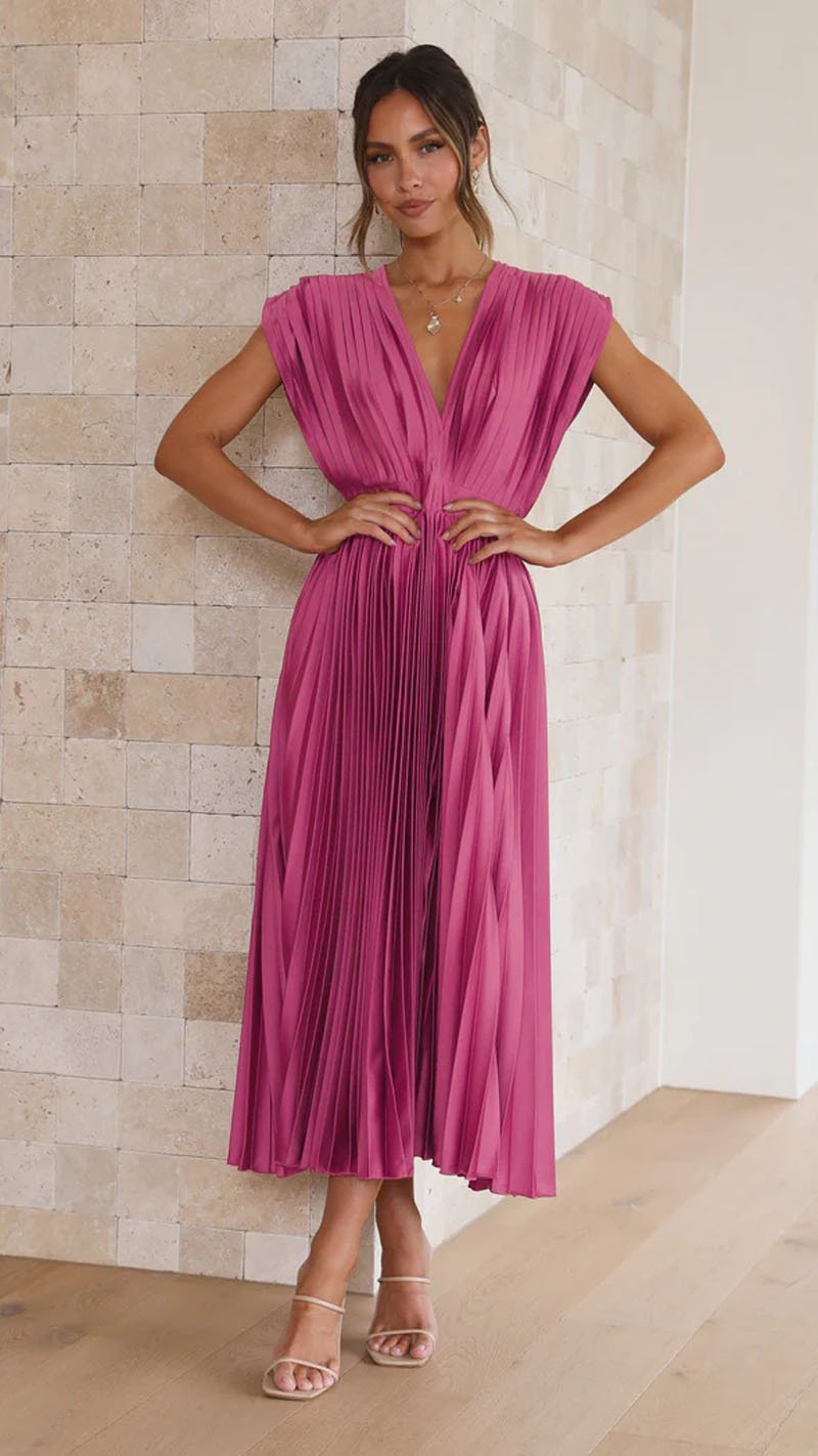 Timeless Elegance: Draped V-Neck Pleated Skirt Dress (Buy 2 Free Shipping)