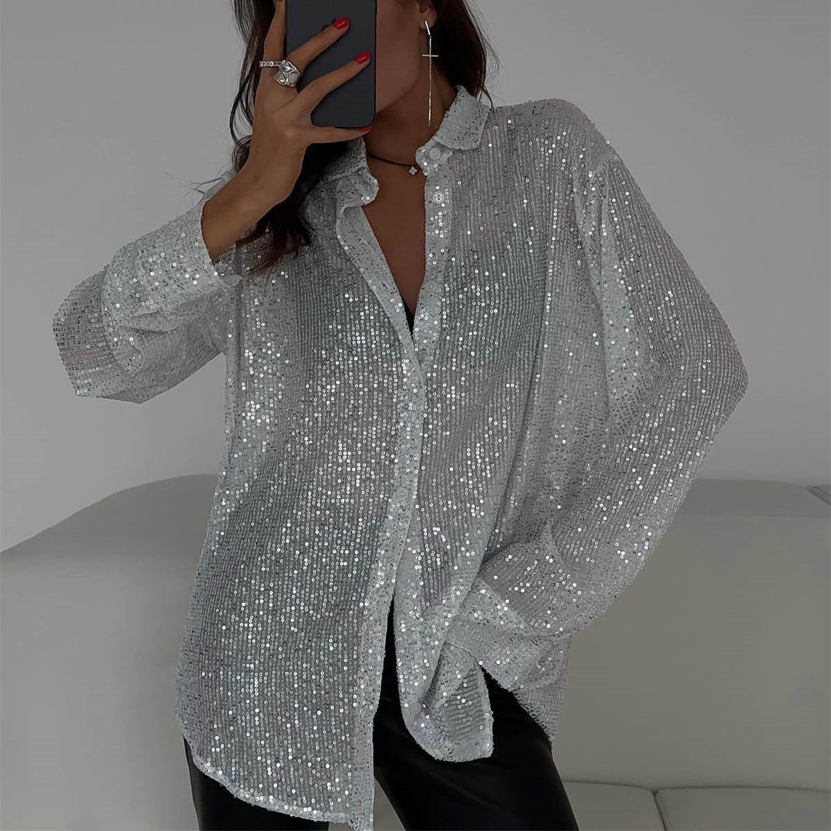 💕💃Hot Sale - Women's Sequin Long-Sleeved Lapel Shirt