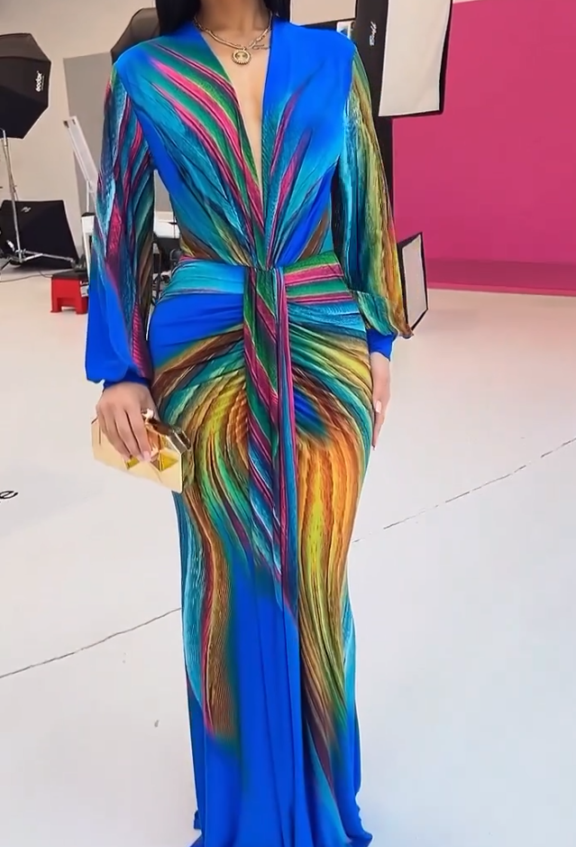 Colorful Tie-Dye Pleated Deep V-Neck Fitted Maxi Dress