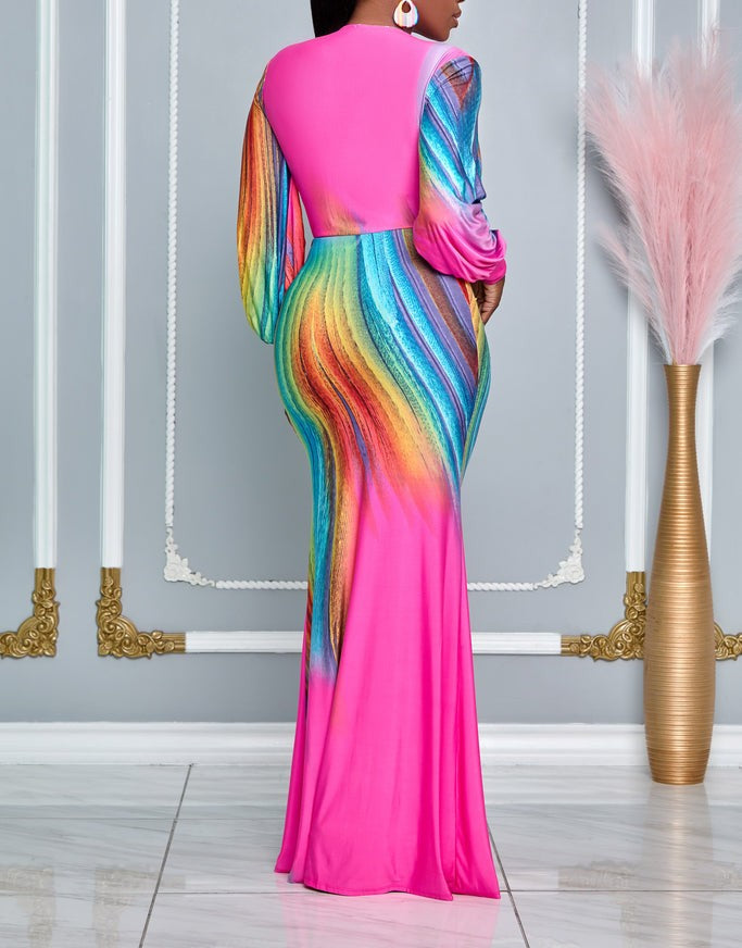 Colorful Tie-Dye Pleated Deep V-Neck Fitted Maxi Dress