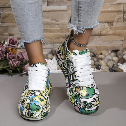[36-43]Graffiti Platform Lace Up Shoes For Women Casual Walking Shoes