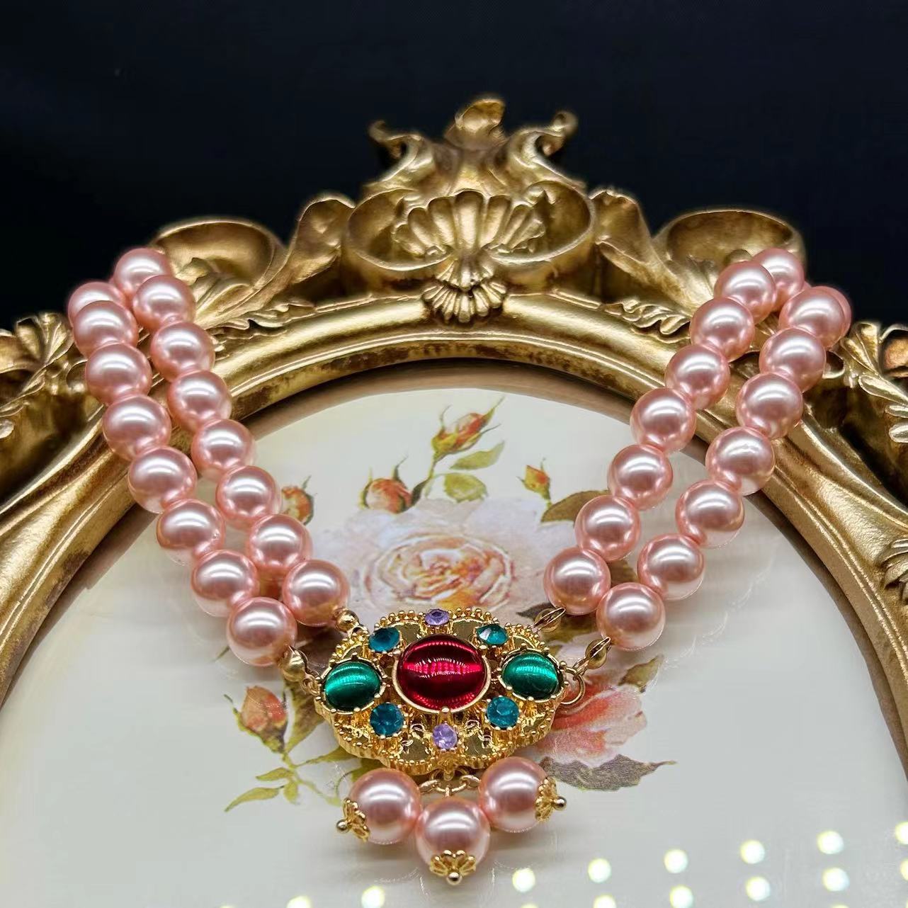 Pink glass pearl French light luxury middle-aged jewelry, sweet and lovely double pearl necklace