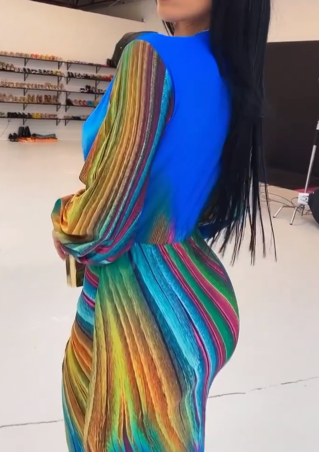 Colorful Tie-Dye Pleated Deep V-Neck Fitted Maxi Dress