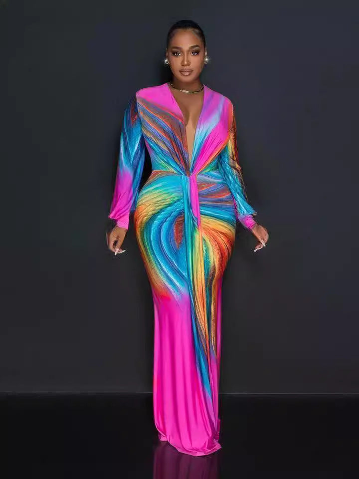 Colorful Tie-Dye Pleated Deep V-Neck Fitted Maxi Dress