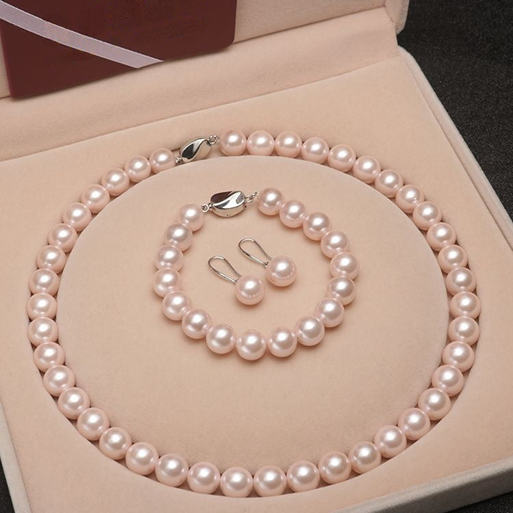 8mm Purple Shell Pearl Necklace, Bracelet & Earrings Set – 3-Piece Jewelry Set