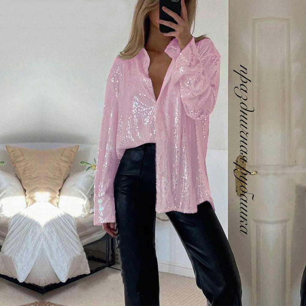 💕💃Hot Sale - Women's Sequin Long-Sleeved Lapel Shirt