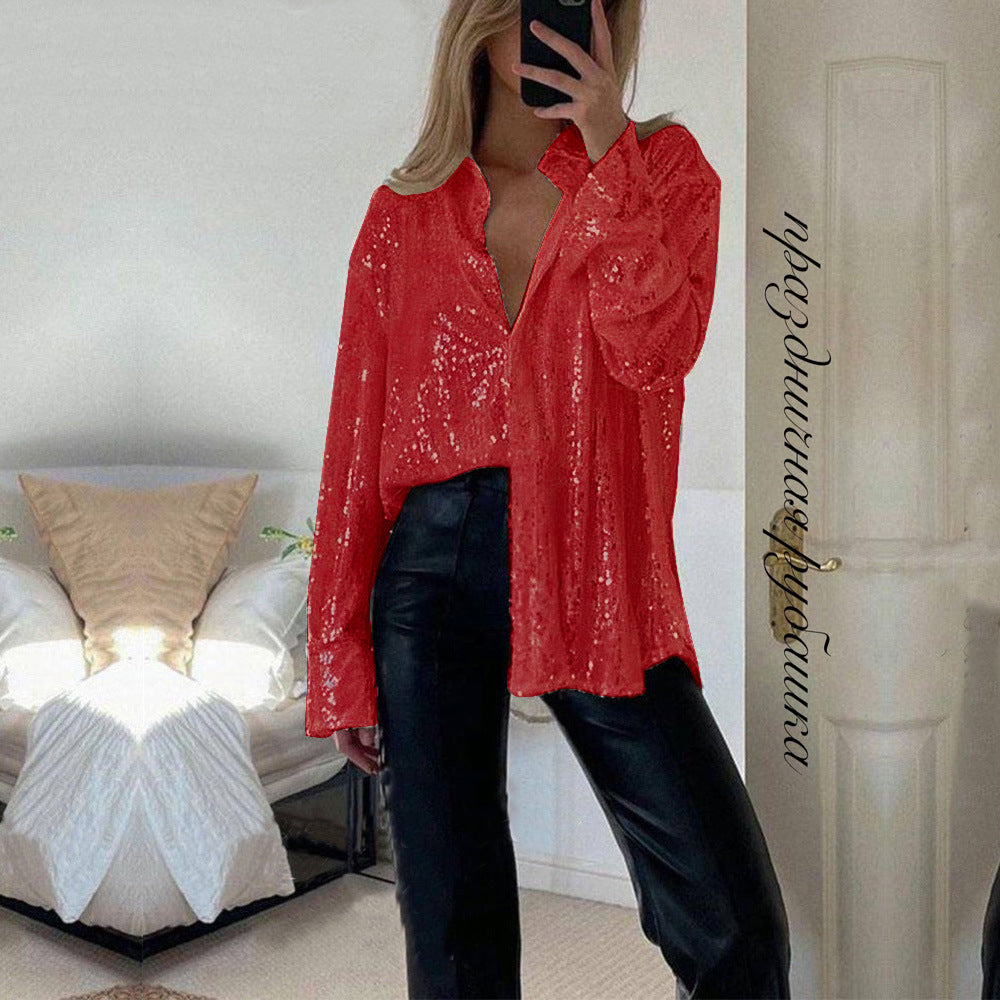 💕💃Hot Sale - Women's Sequin Long-Sleeved Lapel Shirt