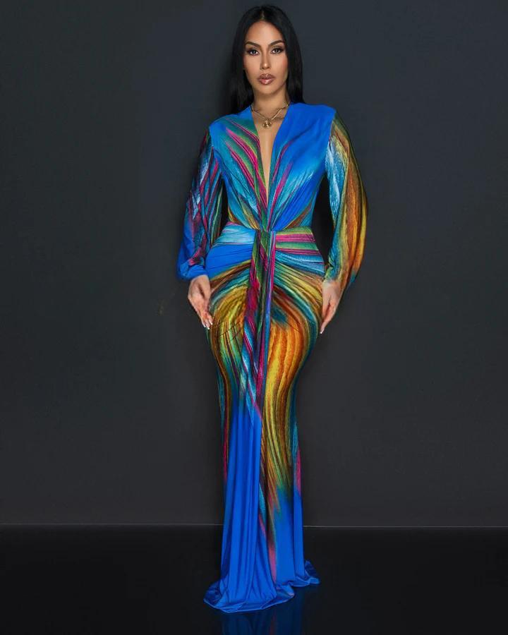Colorful Tie-Dye Pleated Deep V-Neck Fitted Maxi Dress