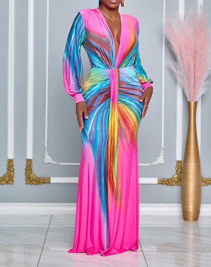 Colorful Tie-Dye Pleated Deep V-Neck Fitted Maxi Dress