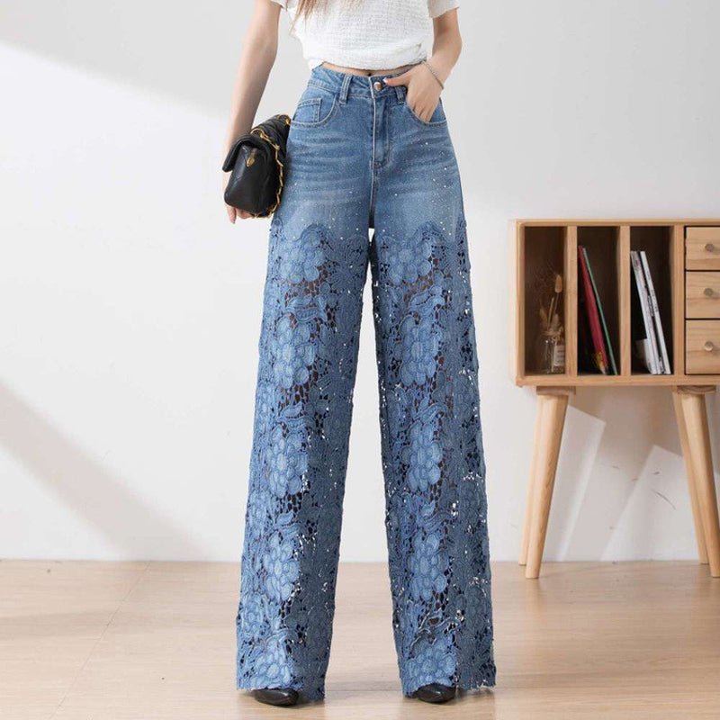 🔥 Summer Sale 50% Off Women's High-Waisted Blue Denim Wide-Leg Pants (Hollow-out Lace Panels)