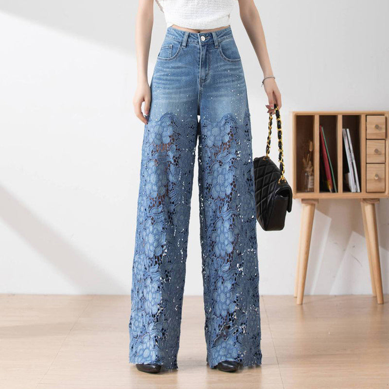 🔥 Summer Sale 50% Off Women's High-Waisted Blue Denim Wide-Leg Pants (Hollow-out Lace Panels)