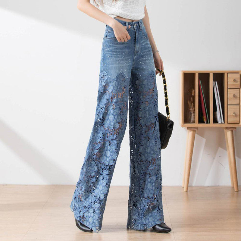 🔥 Summer Sale 50% Off Women's High-Waisted Blue Denim Wide-Leg Pants (Hollow-out Lace Panels)