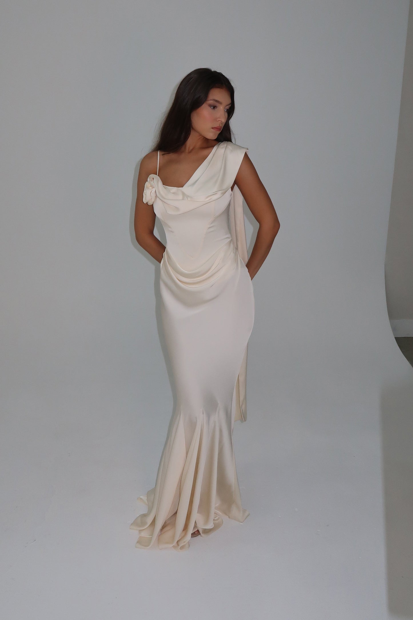 Corset Drape Satin Gown - Ivory