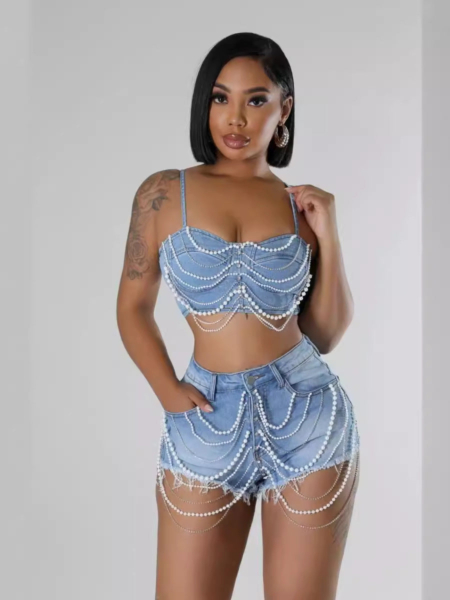 🌸Pearl Diamond Chain Denim Work Shorts Set