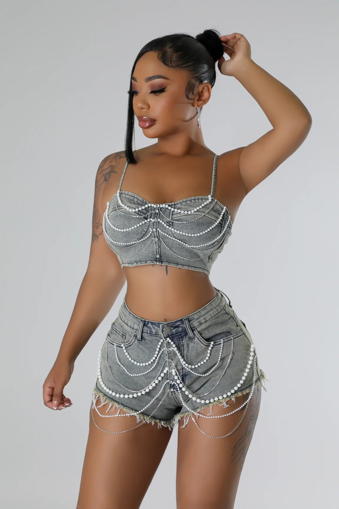 🌸Pearl Diamond Chain Denim Work Shorts Set