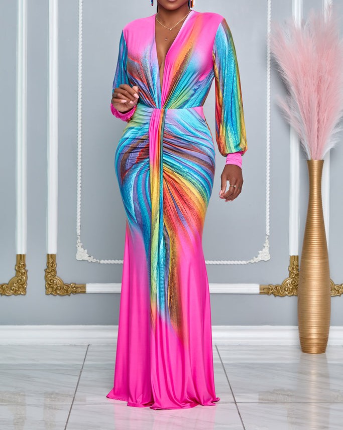 Colorful Tie-Dye Pleated Deep V-Neck Fitted Maxi Dress