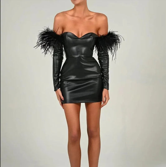 Off-the-shoulder feather-sleeved PU leather mini dress