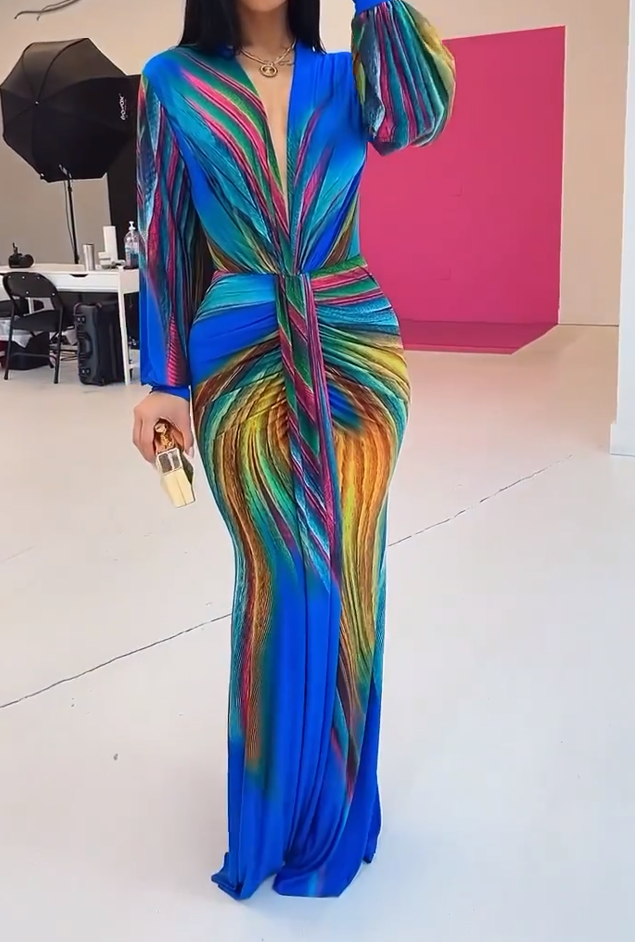 Colorful Tie-Dye Pleated Deep V-Neck Fitted Maxi Dress