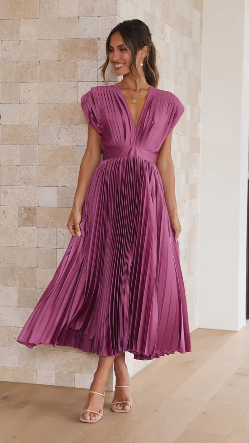 Timeless Elegance: Draped V-Neck Pleated Skirt Dress (Buy 2 Free Shipping)