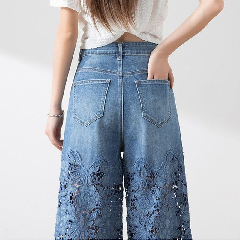 🔥 Summer Sale 50% Off Women's High-Waisted Blue Denim Wide-Leg Pants (Hollow-out Lace Panels)