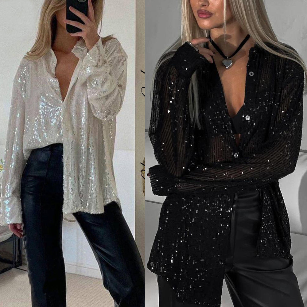 💕💃Hot Sale - Women's Sequin Long-Sleeved Lapel Shirt