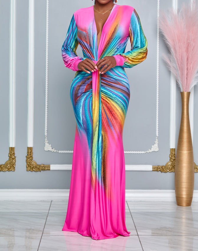 Colorful Tie-Dye Pleated Deep V-Neck Fitted Maxi Dress
