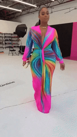 Colorful Tie-Dye Pleated Deep V-Neck Fitted Maxi Dress