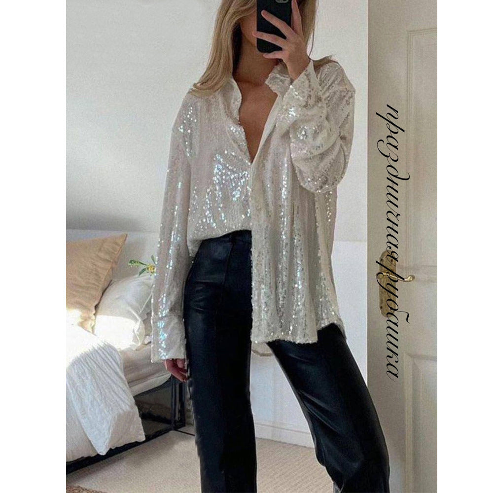 💕💃Hot Sale - Women's Sequin Long-Sleeved Lapel Shirt