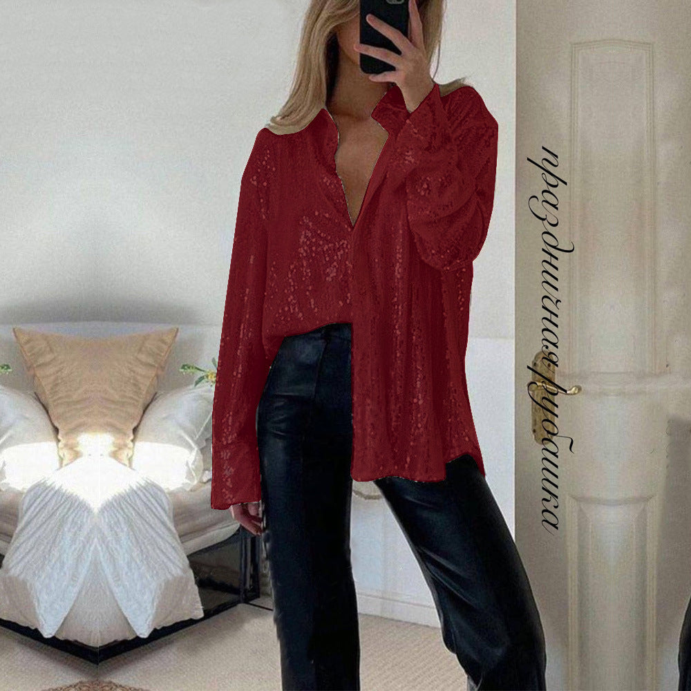 💕💃Hot Sale - Women's Sequin Long-Sleeved Lapel Shirt