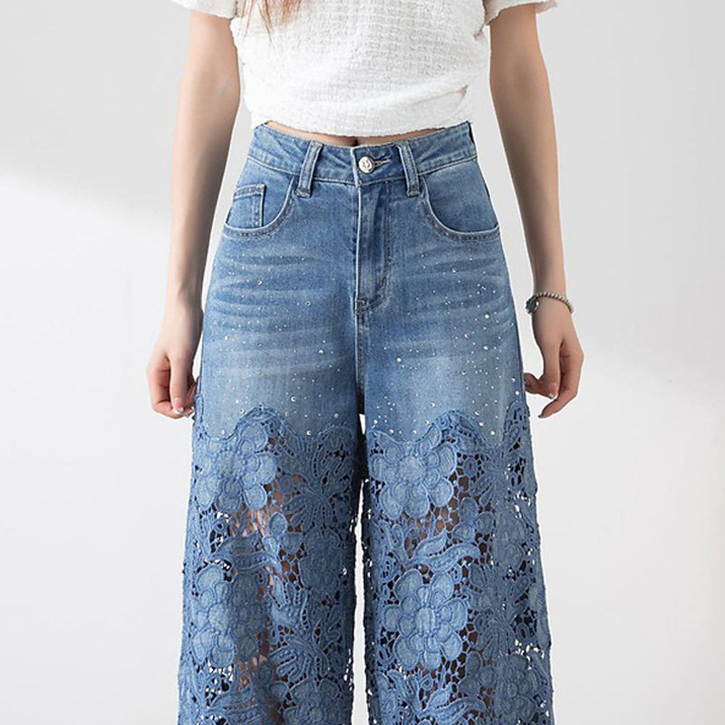 🔥 Summer Sale 50% Off Women's High-Waisted Blue Denim Wide-Leg Pants (Hollow-out Lace Panels)