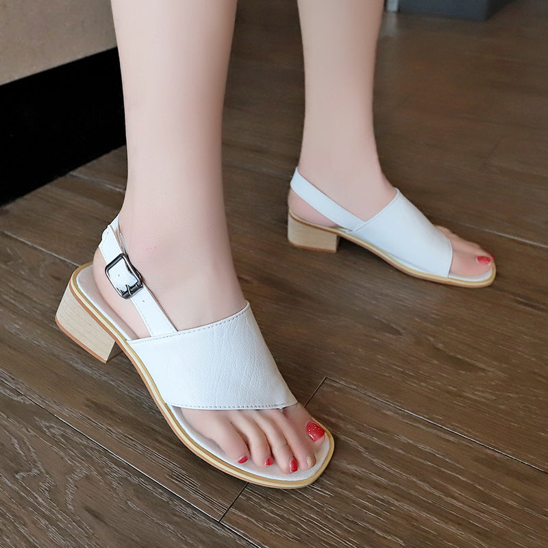 2024 summer casual  Rhinestone hollow chunky heel shoes and new belt buckle solid color plus size women's sandals