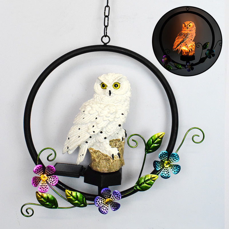 Solar Owl Garden Decorations LED Owl Hanging Ring Statue Retro Metal Waterproof for Outdoor