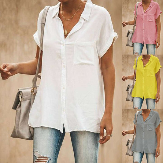 Simple Turn-down Collar Short-sleeved Blouse