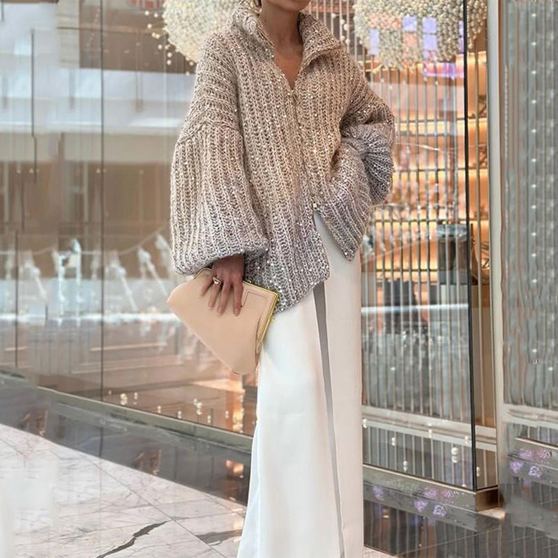 Solid color sequined knitted sweater jacket