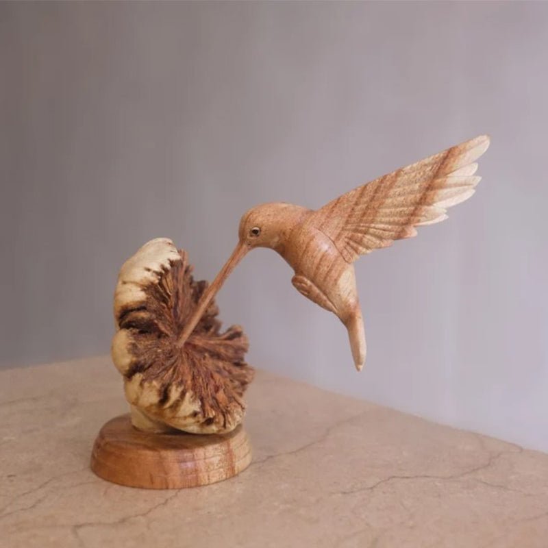 Wooden Hummingbird Feeding on a Flower, Handmade Sculpture