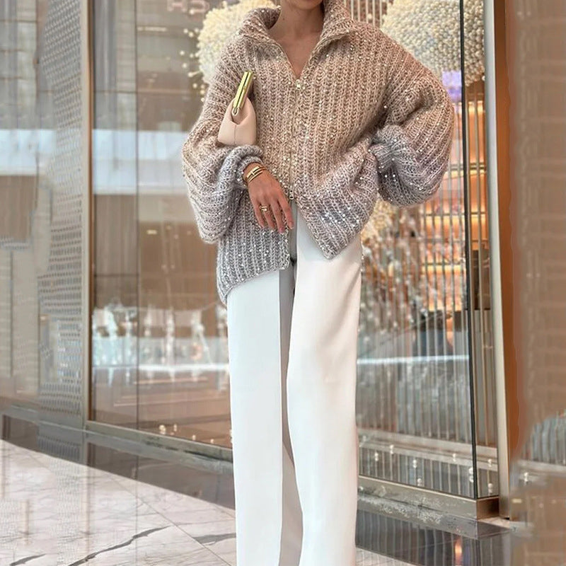 Solid color sequined knitted sweater jacket