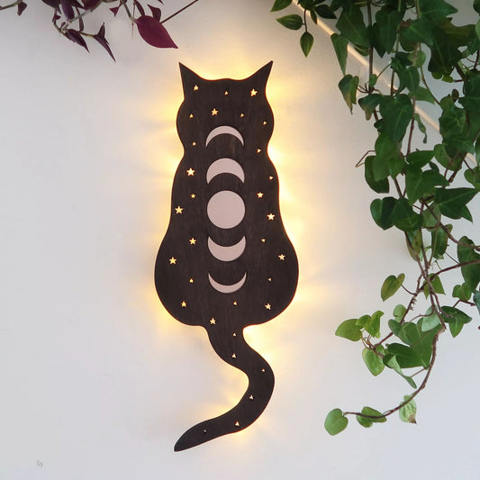 Cosmic Kitty Mirror Wooden Wall Lamp
