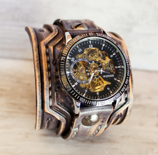 Men's gray leather cuff watch