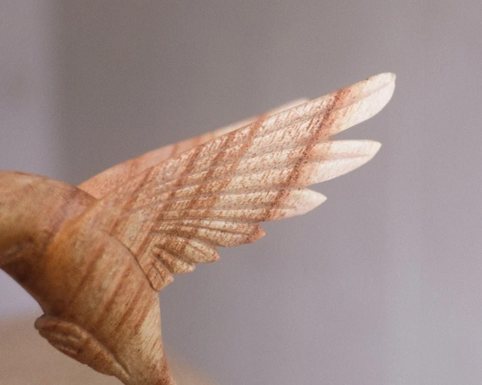 Wooden Hummingbird Feeding on a Flower, Handmade Sculpture