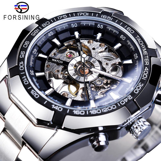 Forsining 2023 Stainless Steel Waterproof Mens Skeleton Watches Top Brand Luxury Transparent Mechanical Sport Male Wrist Watches