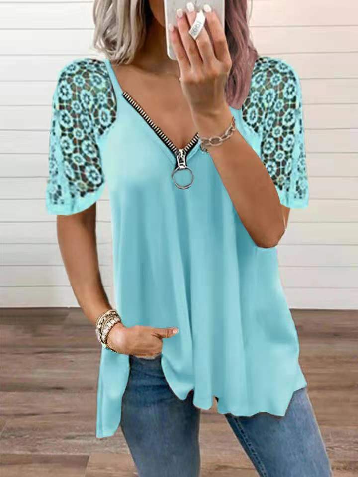 2024 NEW FASHION CASUAL LACE TOPS PATCHWORK SUMMER V-NECK HOLLOW OUT T-SHIRT