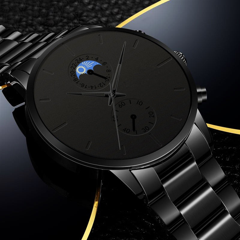 Luxury Classic Black Stainless Steel Analog Quartz Wrist Watch