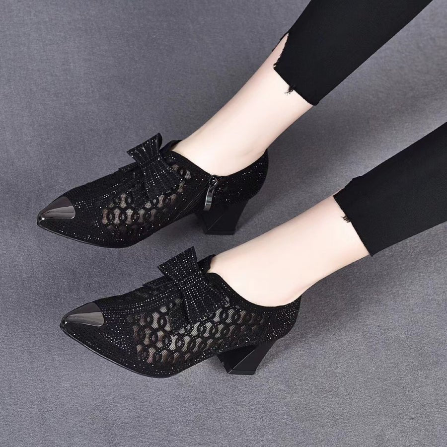 2024 summer casual  Rhinestone hollow chunky heel shoes and new belt buckle solid color plus size women's sandals