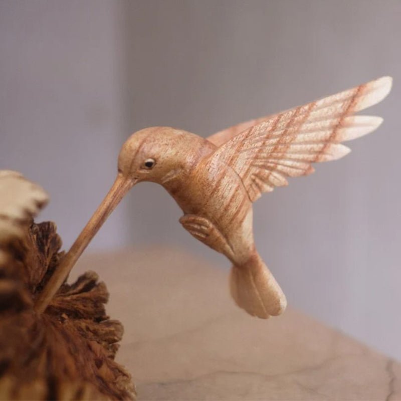 Wooden Hummingbird Feeding on a Flower, Handmade Sculpture