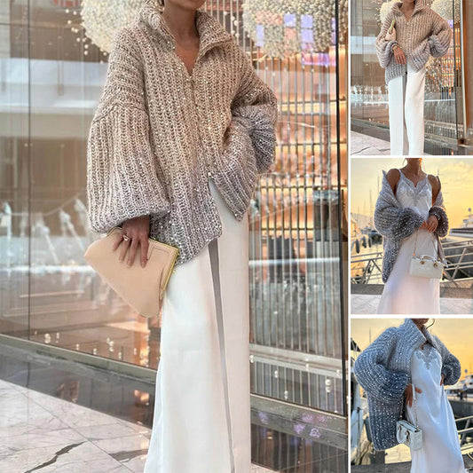 Solid color sequined knitted sweater jacket