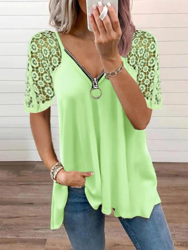 2024 NEW FASHION CASUAL LACE TOPS PATCHWORK SUMMER V-NECK HOLLOW OUT T-SHIRT